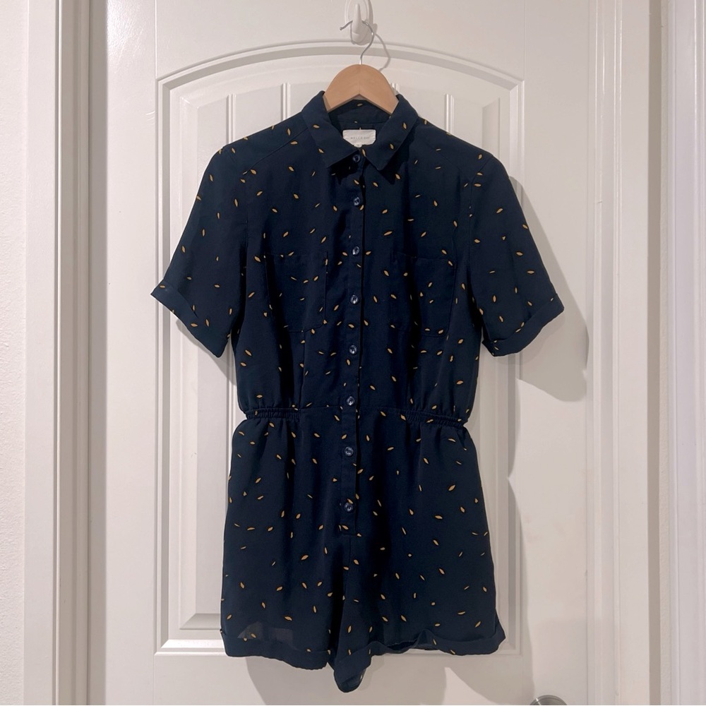 Melloday Elastic Waist Button Down Short Sleeves Collared Floral Navy Romper S